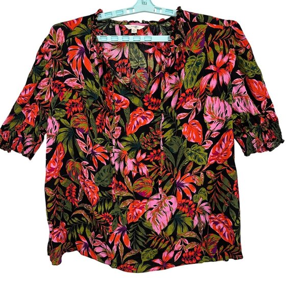 Terra & Sky Tops - Terra & Sky 2X (20-224) Peasant Blouse Tropical Puff Sleeve Boho Hippie Floral
